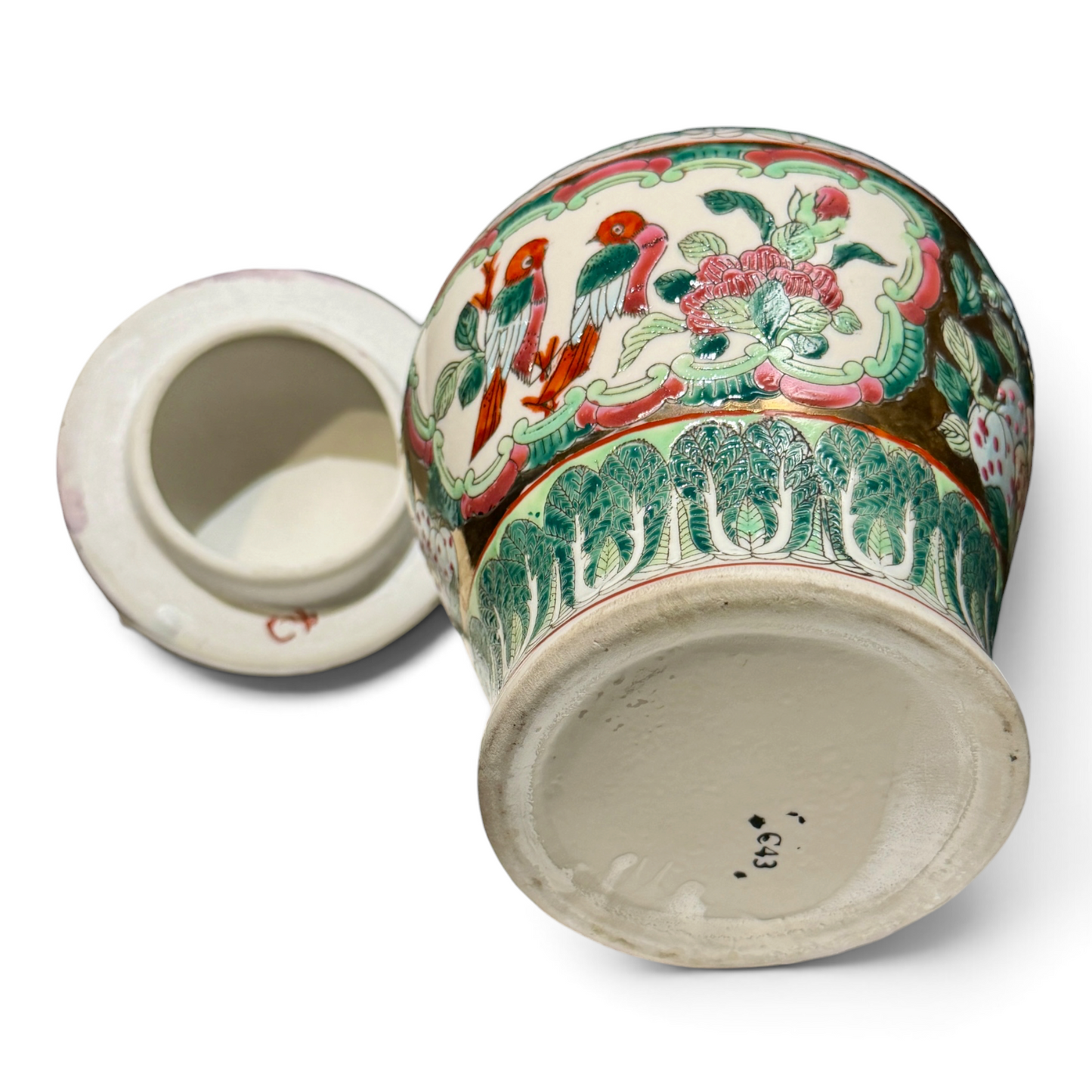 Antique Chinese Rose Canton Covered Jar with Bird & Peony Motif