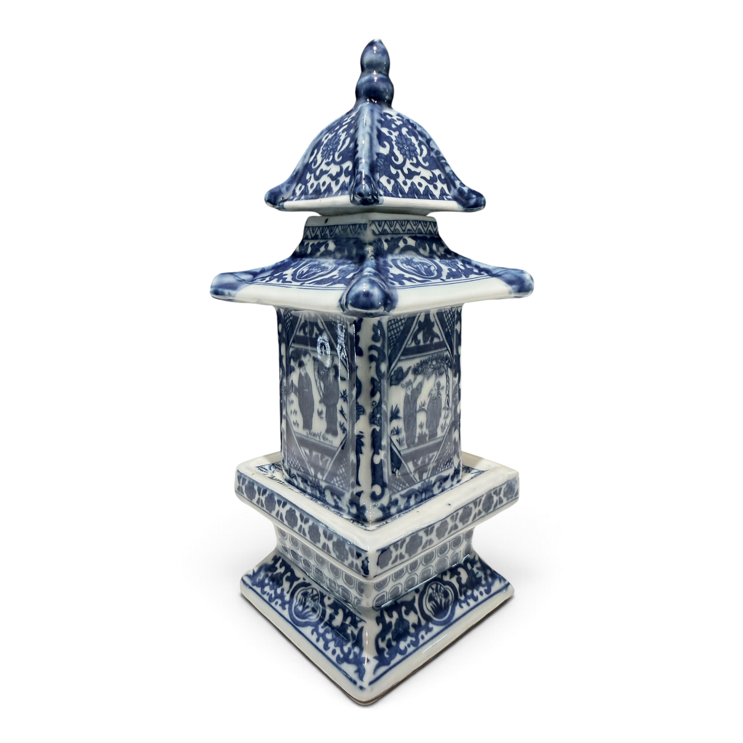 Vintage Chinese Blue & White Porcelain Pagoda Lidded Jar with Qianlong Mark
