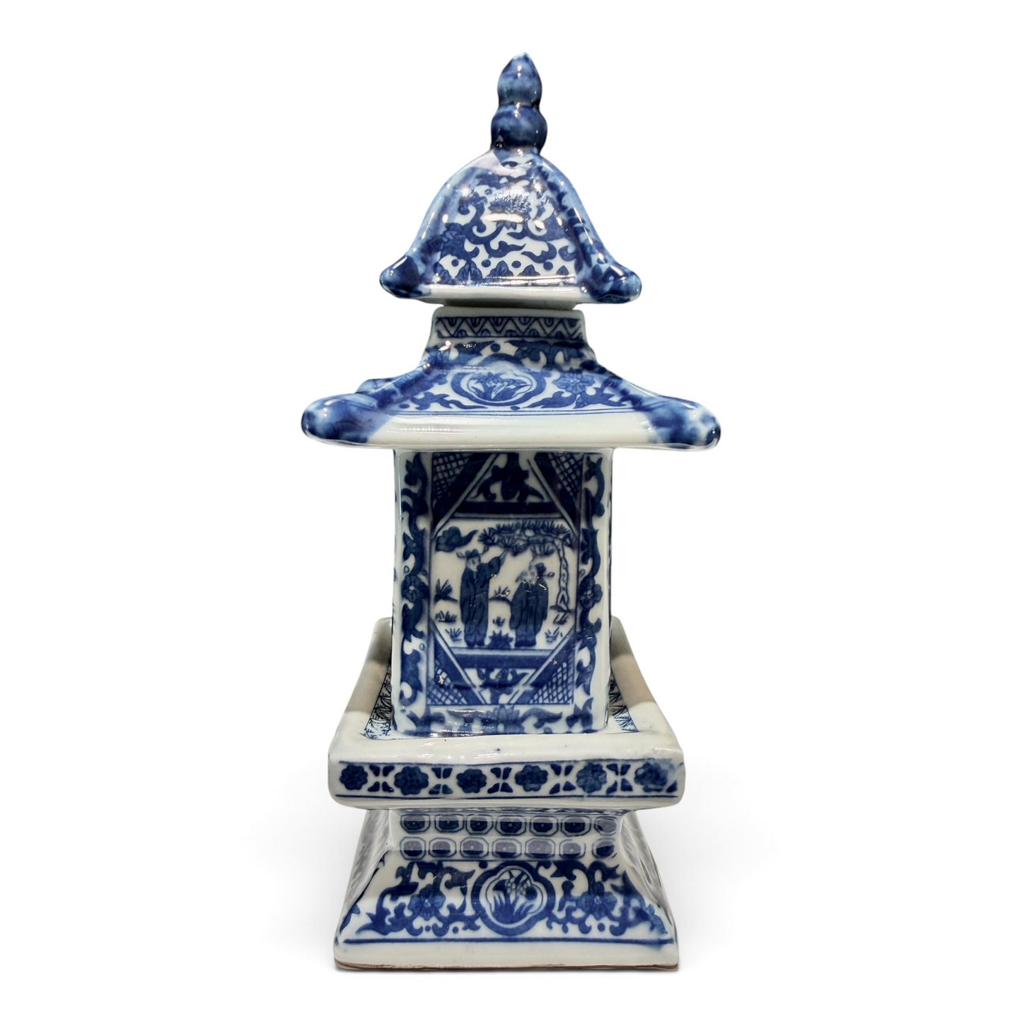 Vintage Chinese Blue & White Porcelain Pagoda Lidded Jar with Qianlong Mark