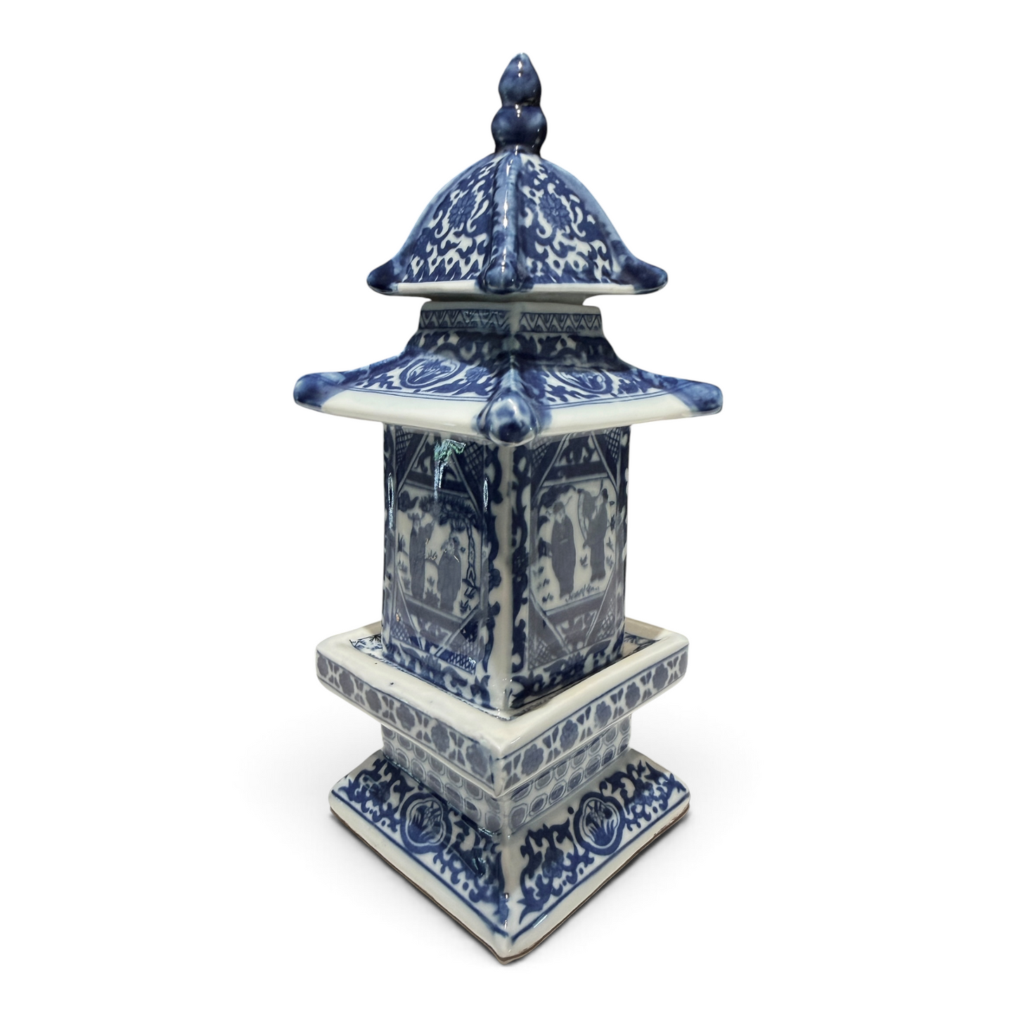 Vintage Chinese Blue & White Porcelain Pagoda Lidded Jar with Qianlong Mark