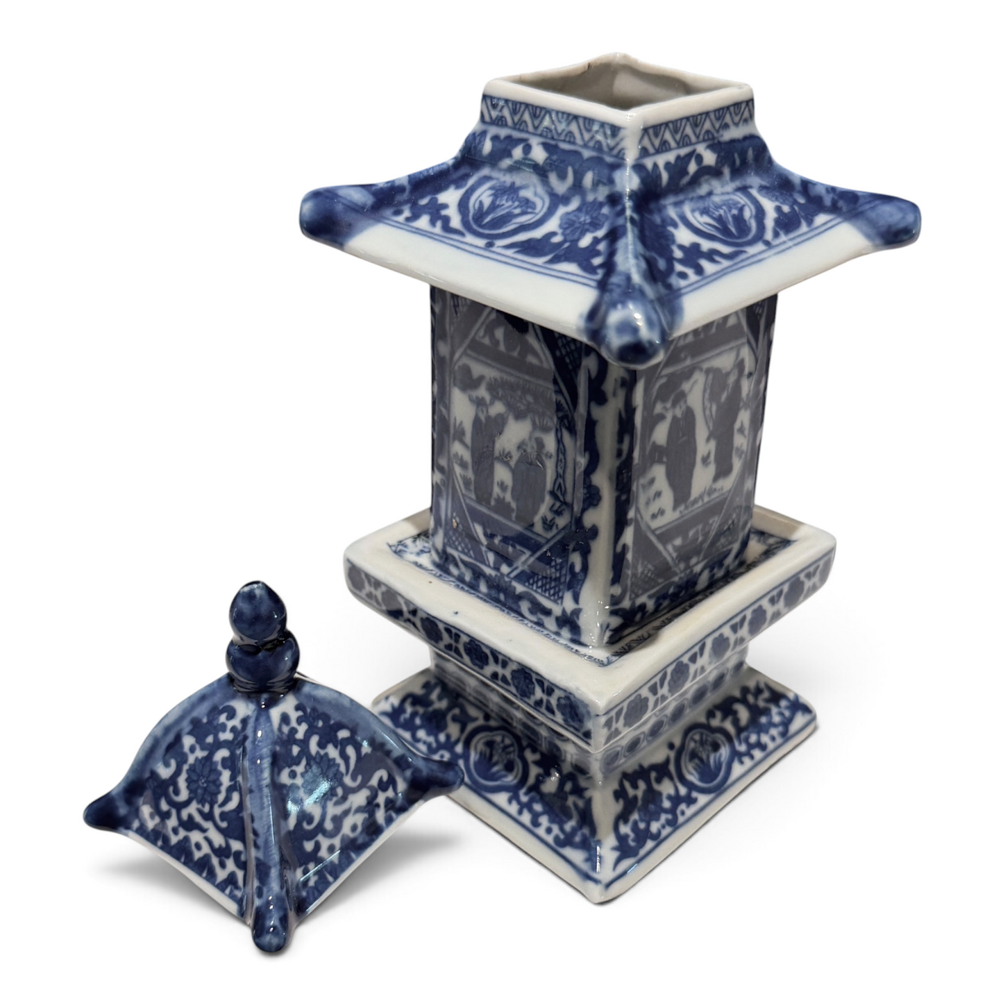 Vintage Chinese Blue & White Porcelain Pagoda Lidded Jar with Qianlong Mark