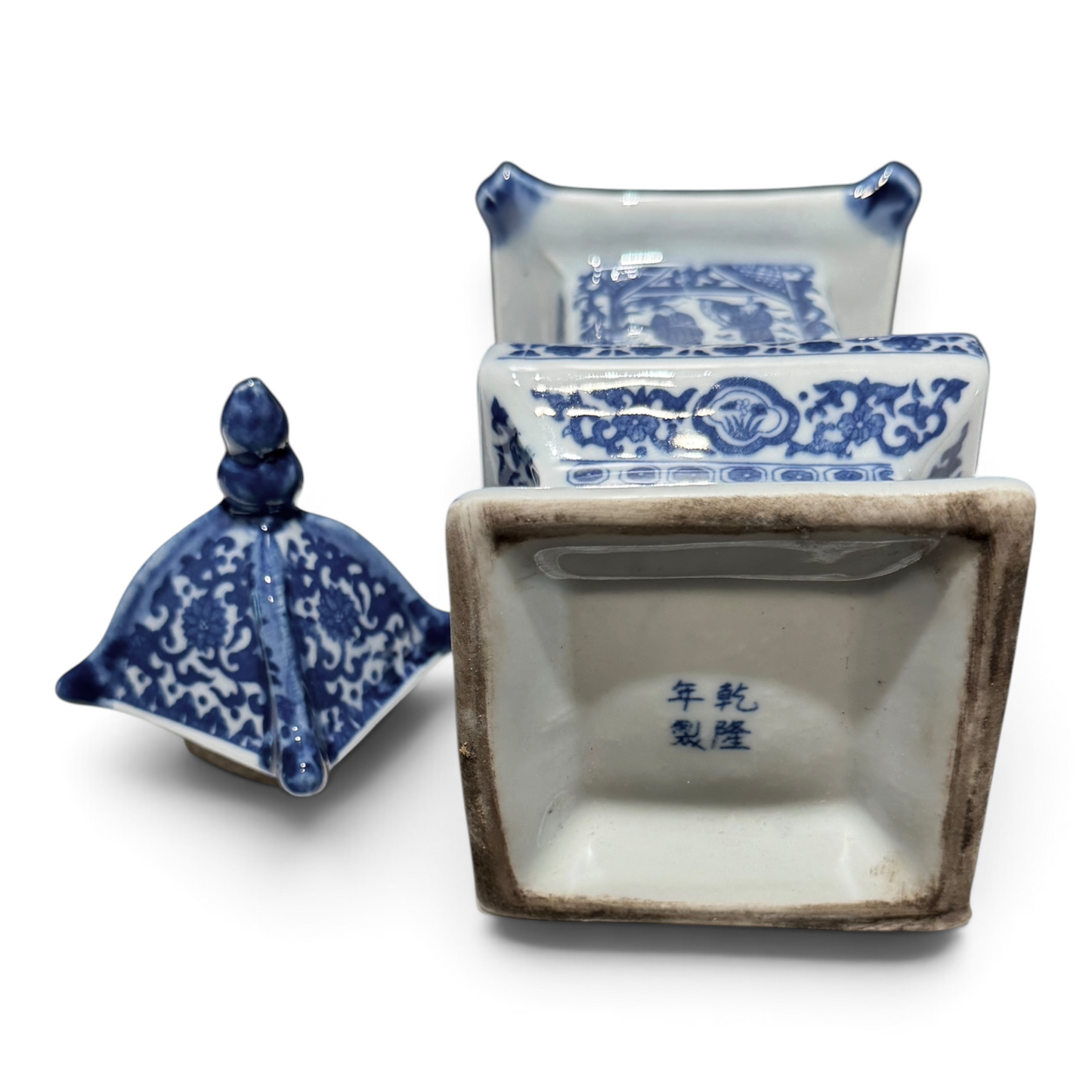 Vintage Chinese Blue & White Porcelain Pagoda Lidded Jar with Qianlong Mark