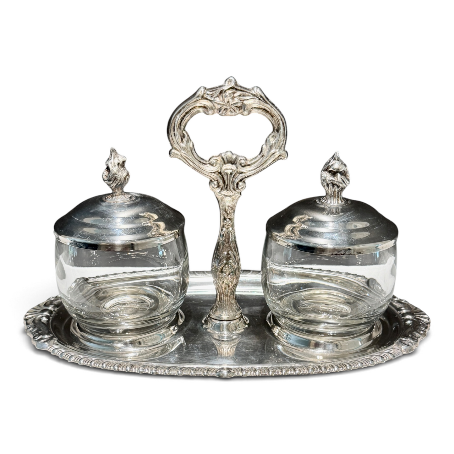 Vintage Silver Double Jam & Condiment Server with Glass Jars