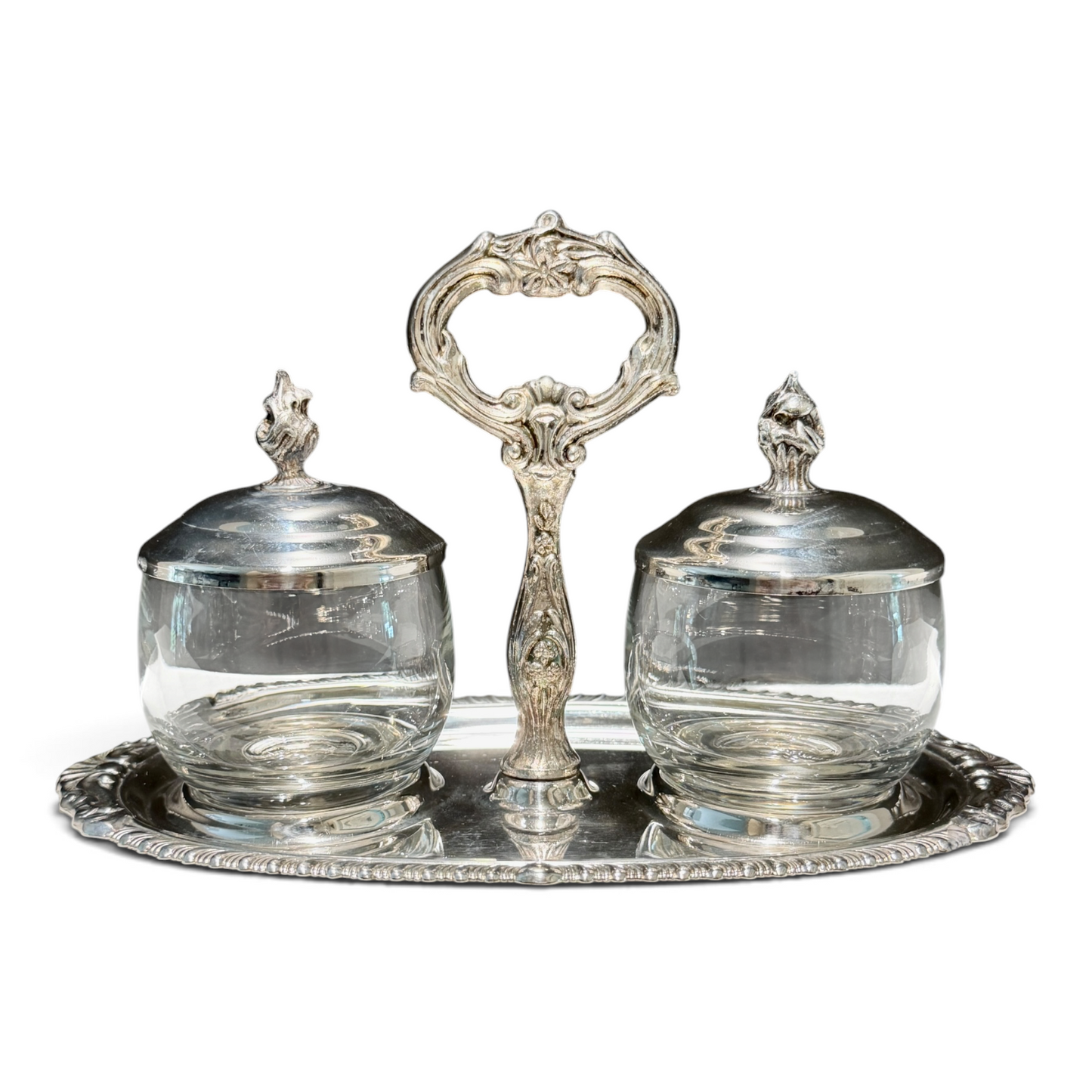 Vintage Silver Double Jam & Condiment Server with Glass Jars