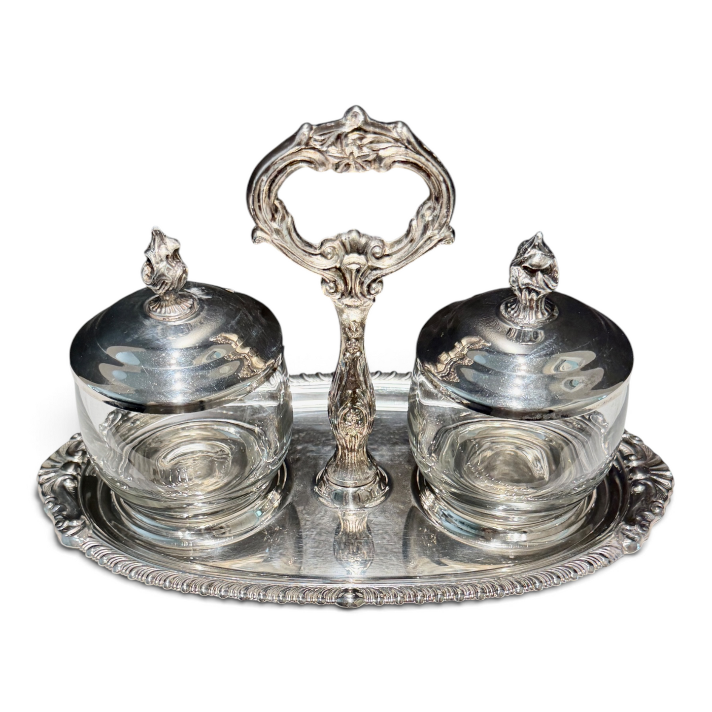 Vintage Silver Double Jam & Condiment Server with Glass Jars