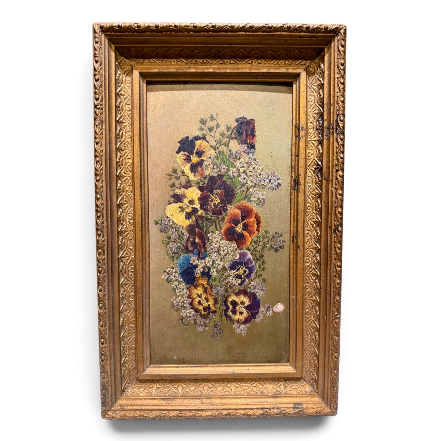 Antique European Original Oil Painting of Pansies & Botanicals in Original Frame