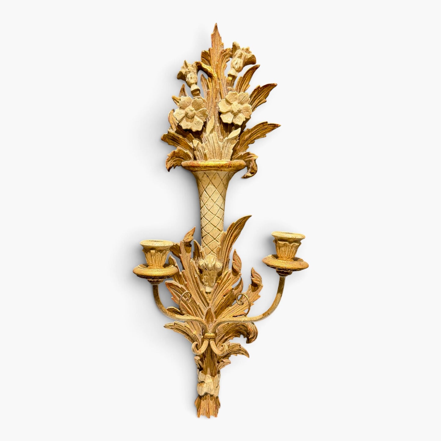 Vintage Italian Palladio-Attributed Hand-Carved Polychrome Giltwood Floral Wall Sconce, c. 1950s–60s