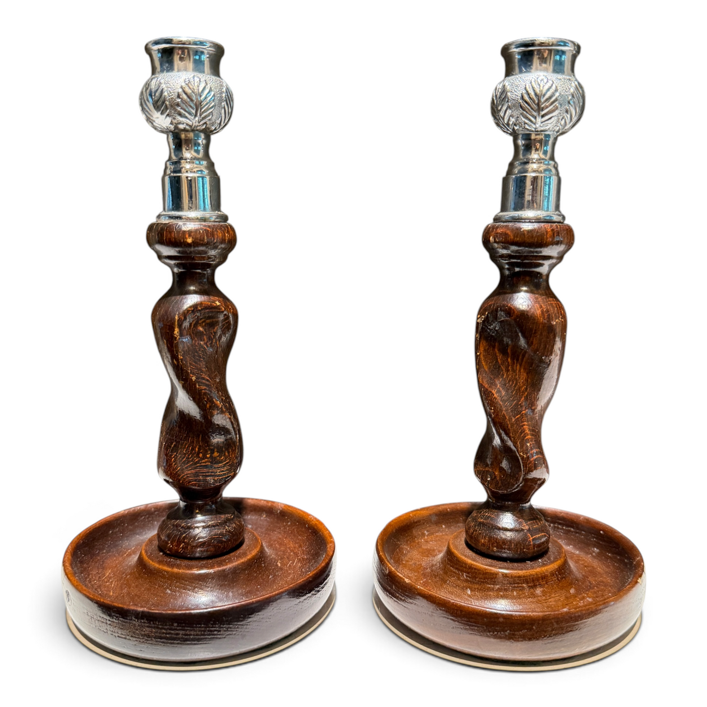 Antique English Barley Twist Wood Candlesticks with Silver Plate Mounts, Pair | c. 1920s