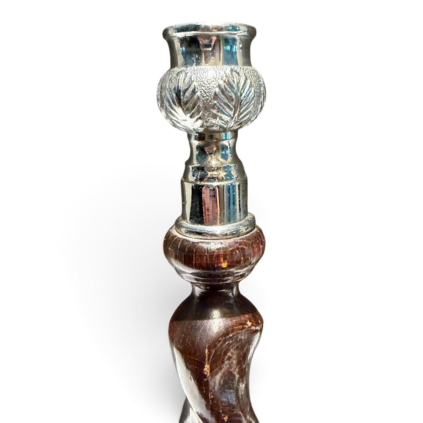 Antique English Barley Twist Wood Candlesticks with Silver Plate Mounts, Pair | c. 1920s