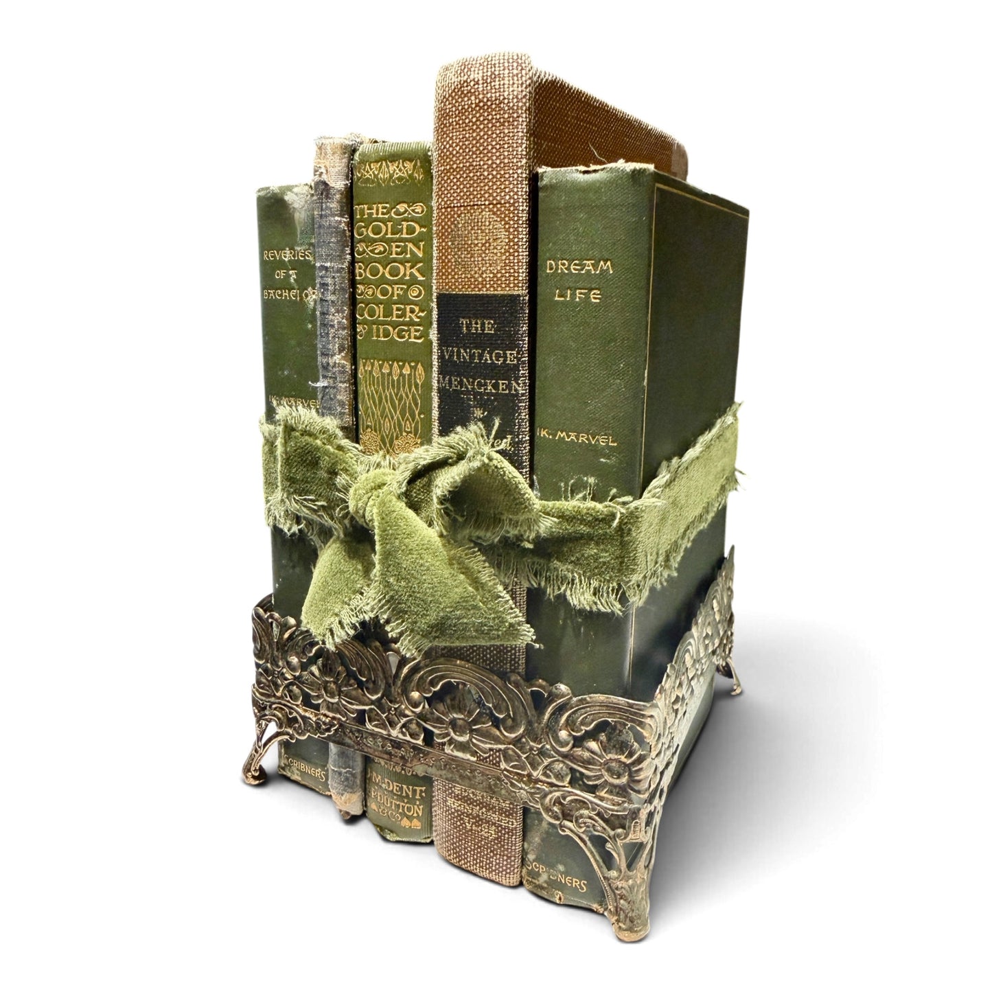 Antique & Vintage Book Vignette with Ornate Brass Holder - Set of 5