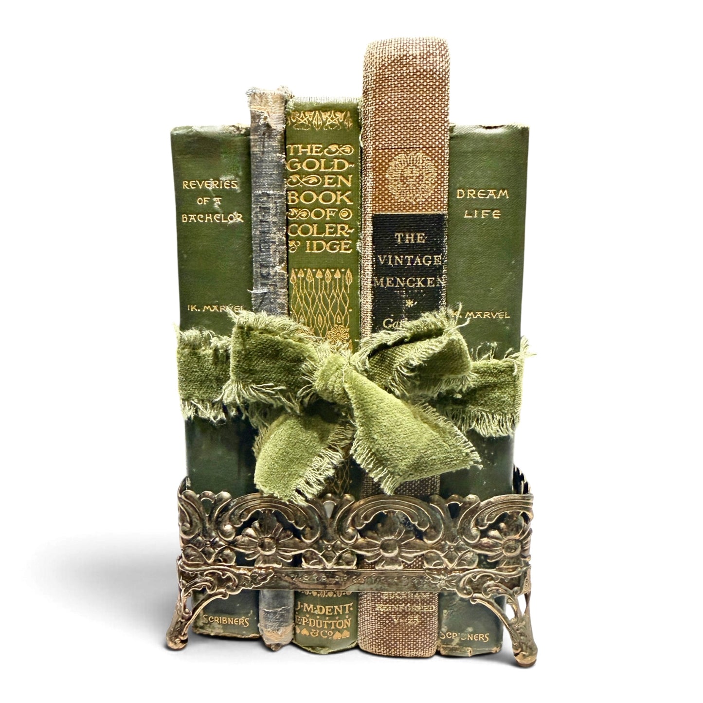Antique & Vintage Book Vignette with Ornate Brass Holder - Set of 5