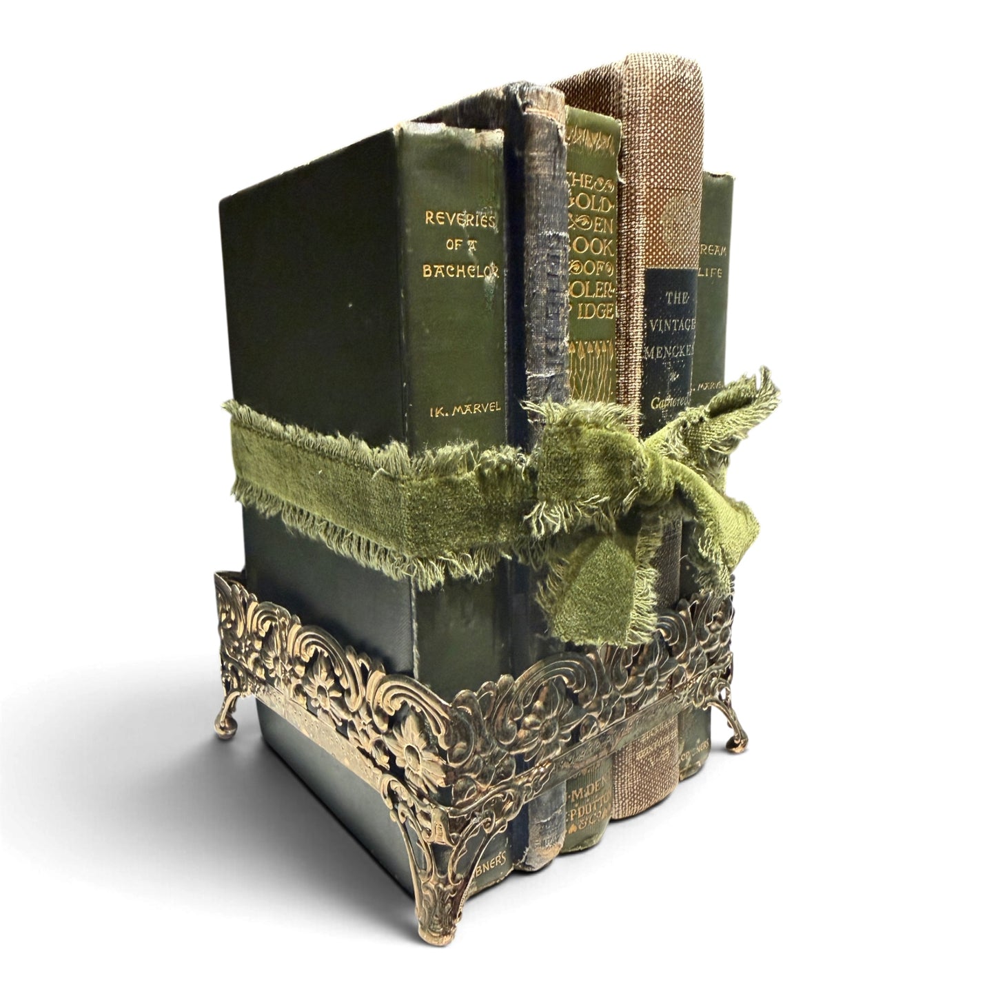 Antique & Vintage Book Vignette with Ornate Brass Holder - Set of 5