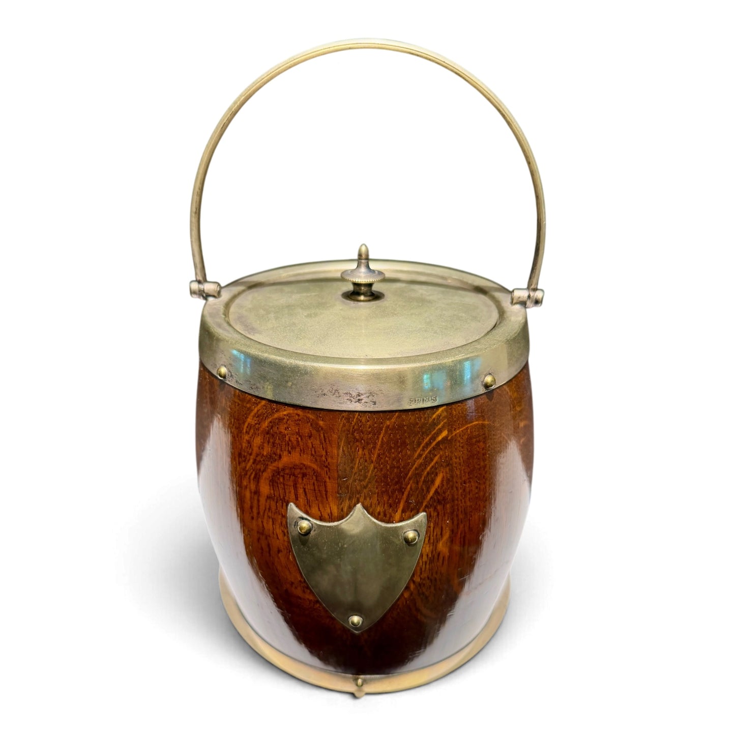 Antique English Oak Biscuit Barrel with EPNS Silverplate & Ceramic Liner
