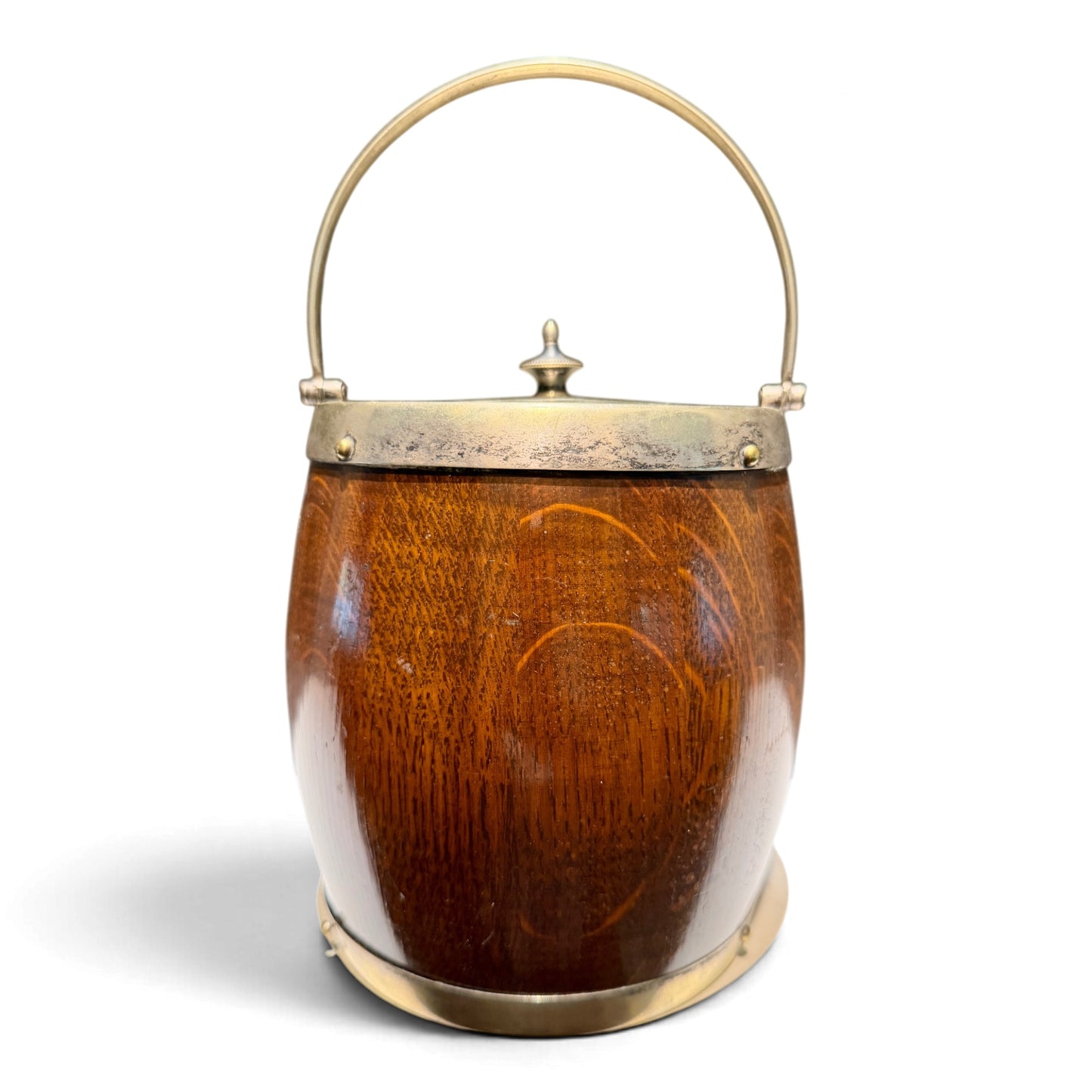 Antique English Oak Biscuit Barrel with EPNS Silverplate & Ceramic Liner