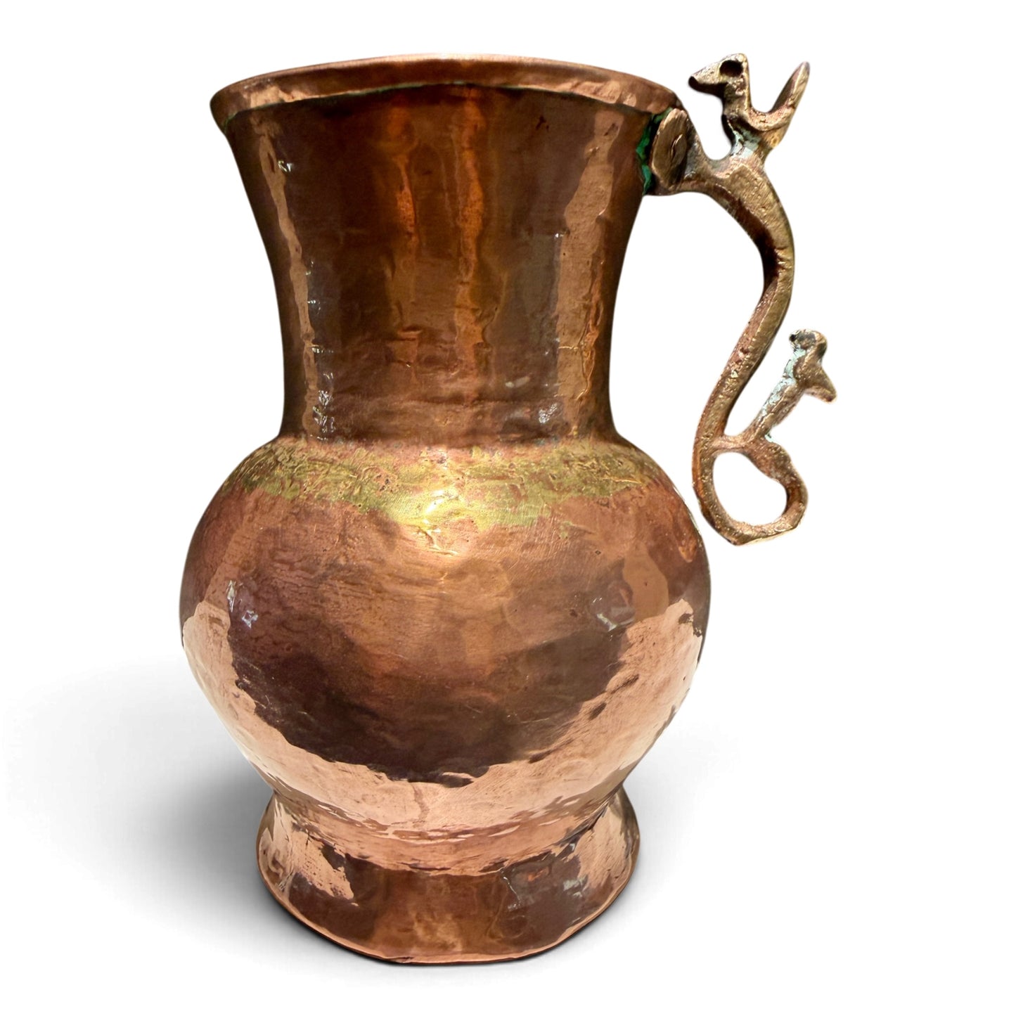 Antique Hand-Hammered Copper Pitcher with Sculptural Brass Bird Handle