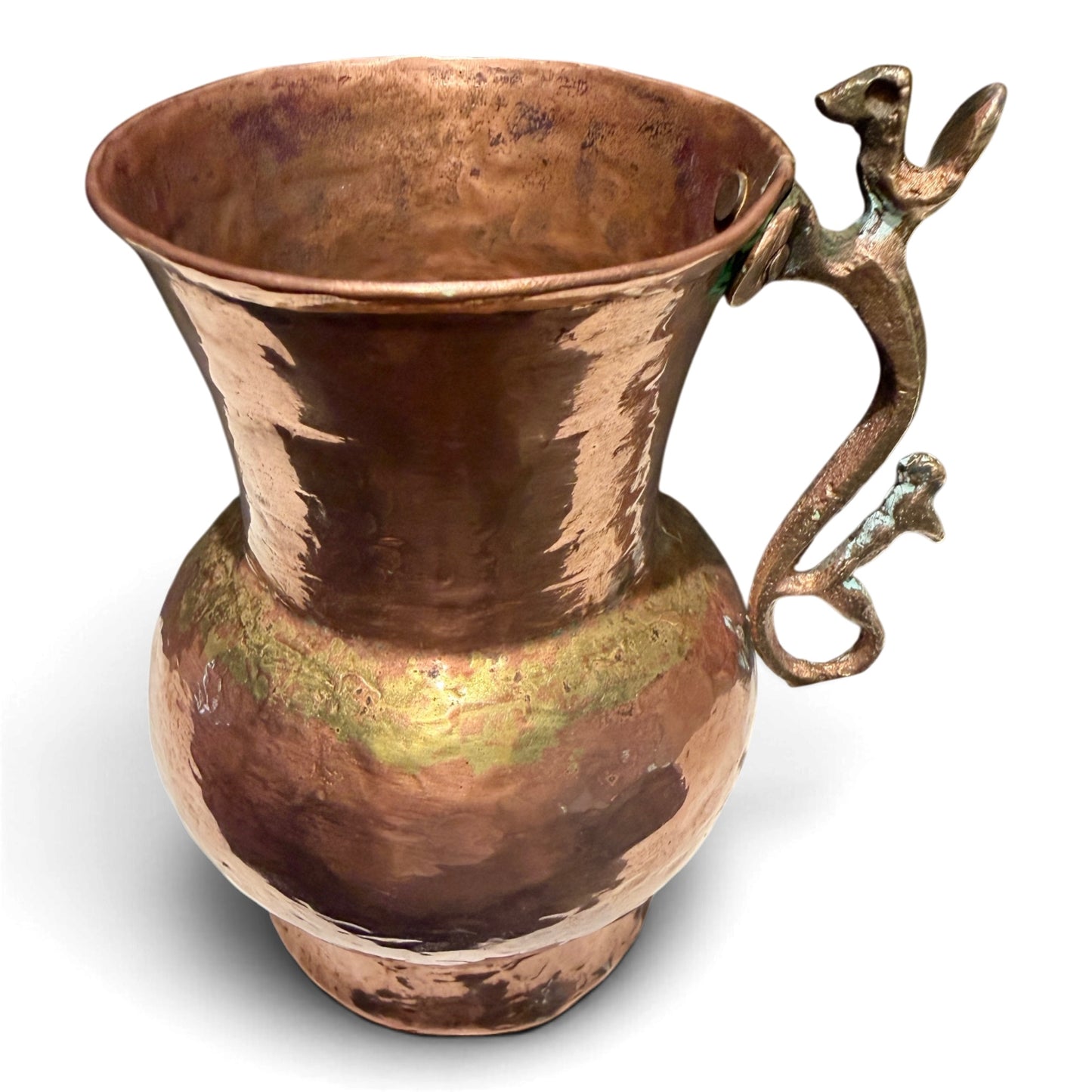 Antique Hand-Hammered Copper Pitcher with Sculptural Brass Bird Handle