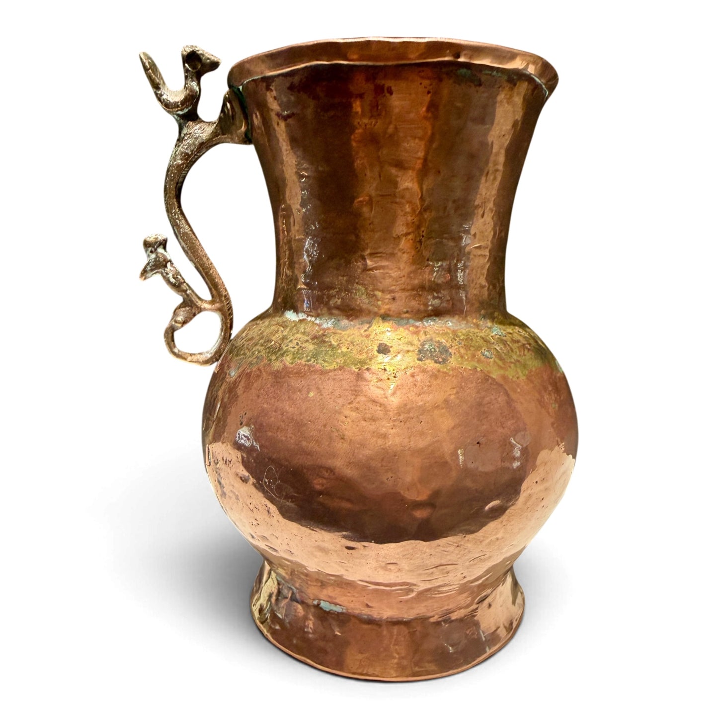 Antique Hand-Hammered Copper Pitcher with Sculptural Brass Bird Handle