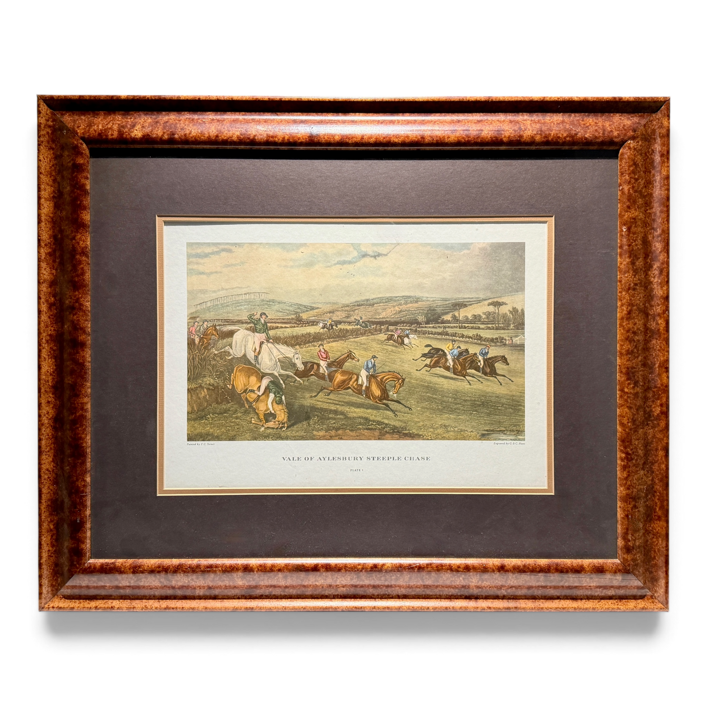 Vintage Vale of Aylesbury Steeplechase Equestrian Print in Burled Wood Frame