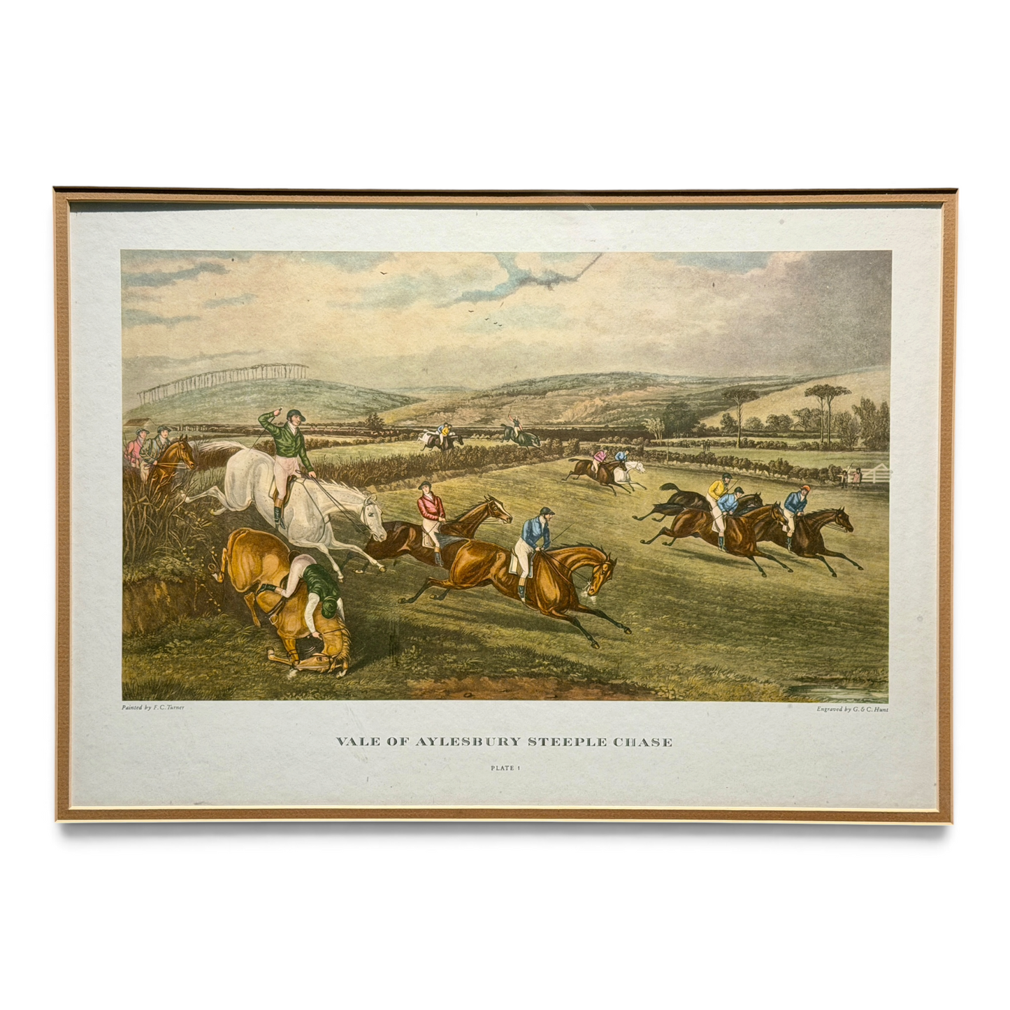 Vintage Vale of Aylesbury Steeplechase Equestrian Print in Burled Wood Frame
