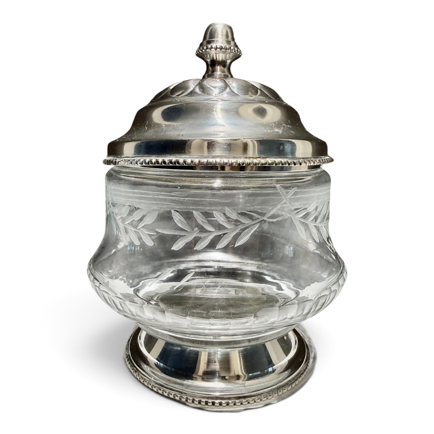 English Edwardian Silver Mounted Etched Glass Covered Jar, c. 1900–1915