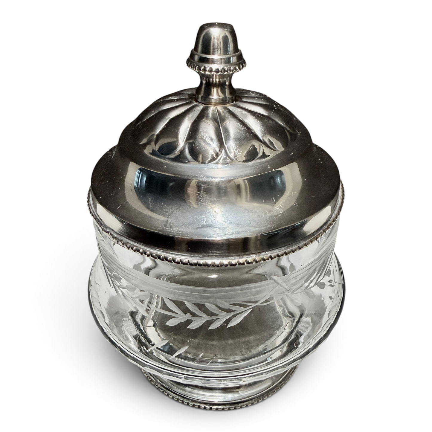 English Edwardian Silver Mounted Etched Glass Covered Jar, c. 1900–1915