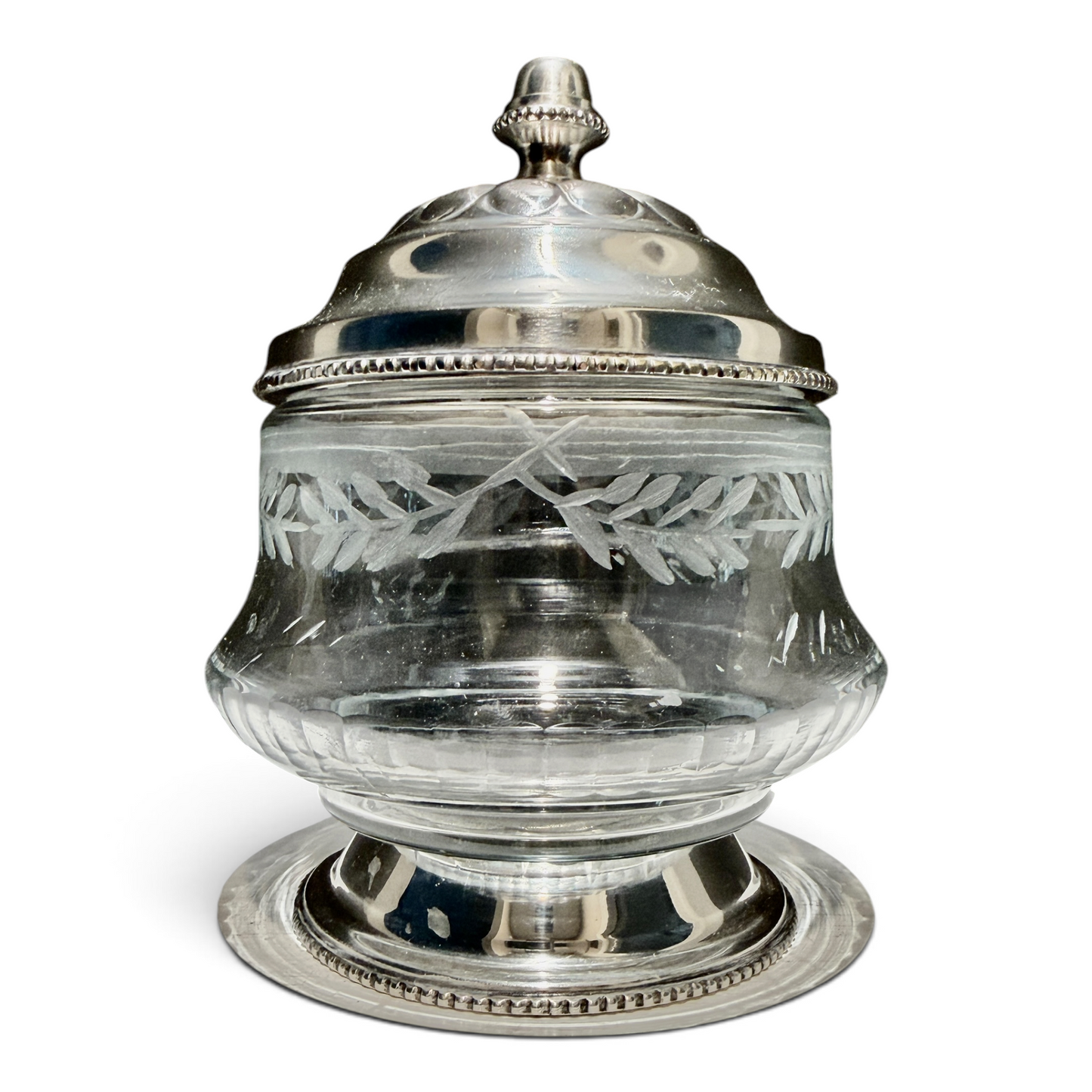 English Edwardian Silver Mounted Etched Glass Covered Jar, c. 1900–1915
