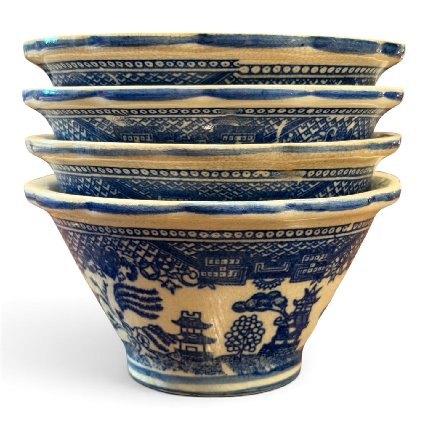 Antique Blue Willow Chinoiserie Ironstone Cocktail & Condiment Bowls, Set of 4