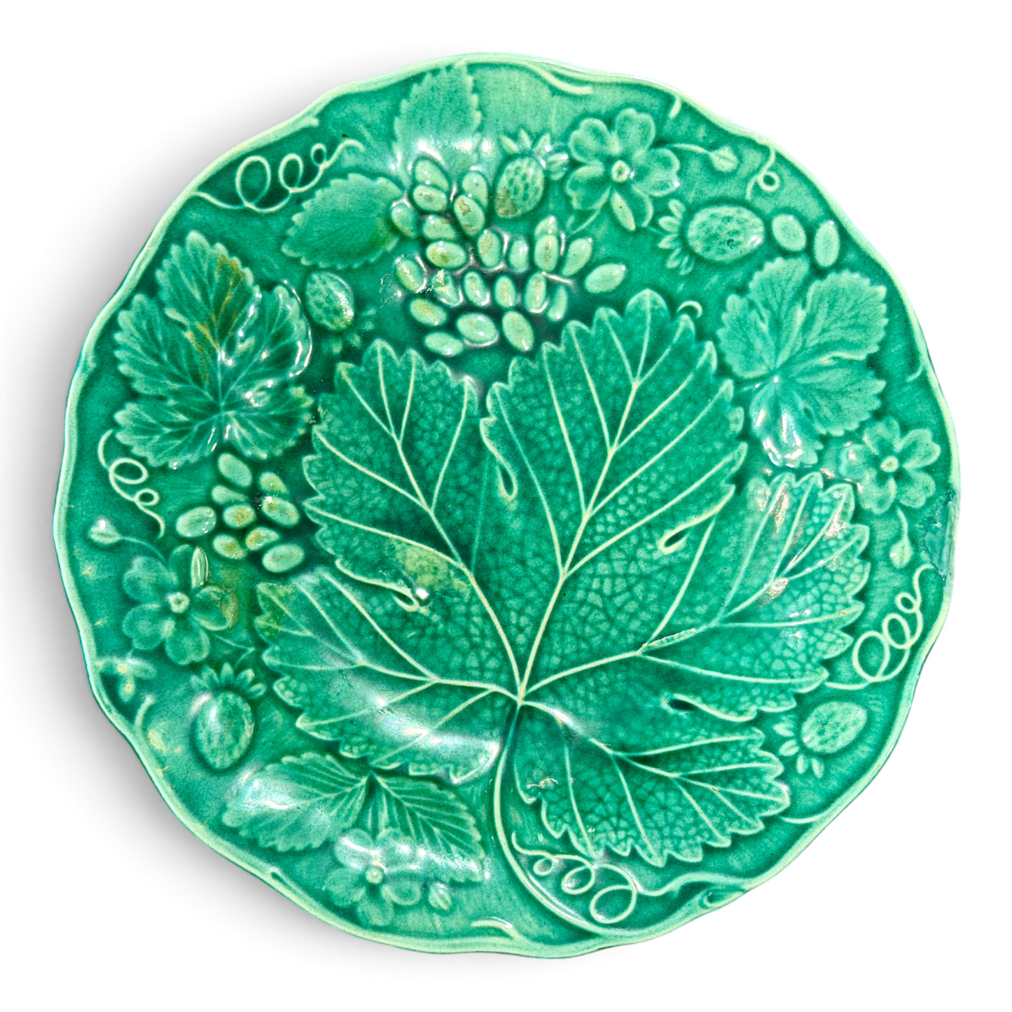 Antique English Green Majolica Strawberry & Grape Leaf Plate, Circa 1890