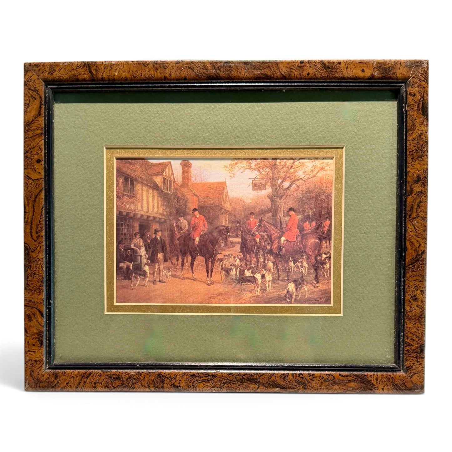 Vintage English Fox Hunt Print in Burled Wood Frame