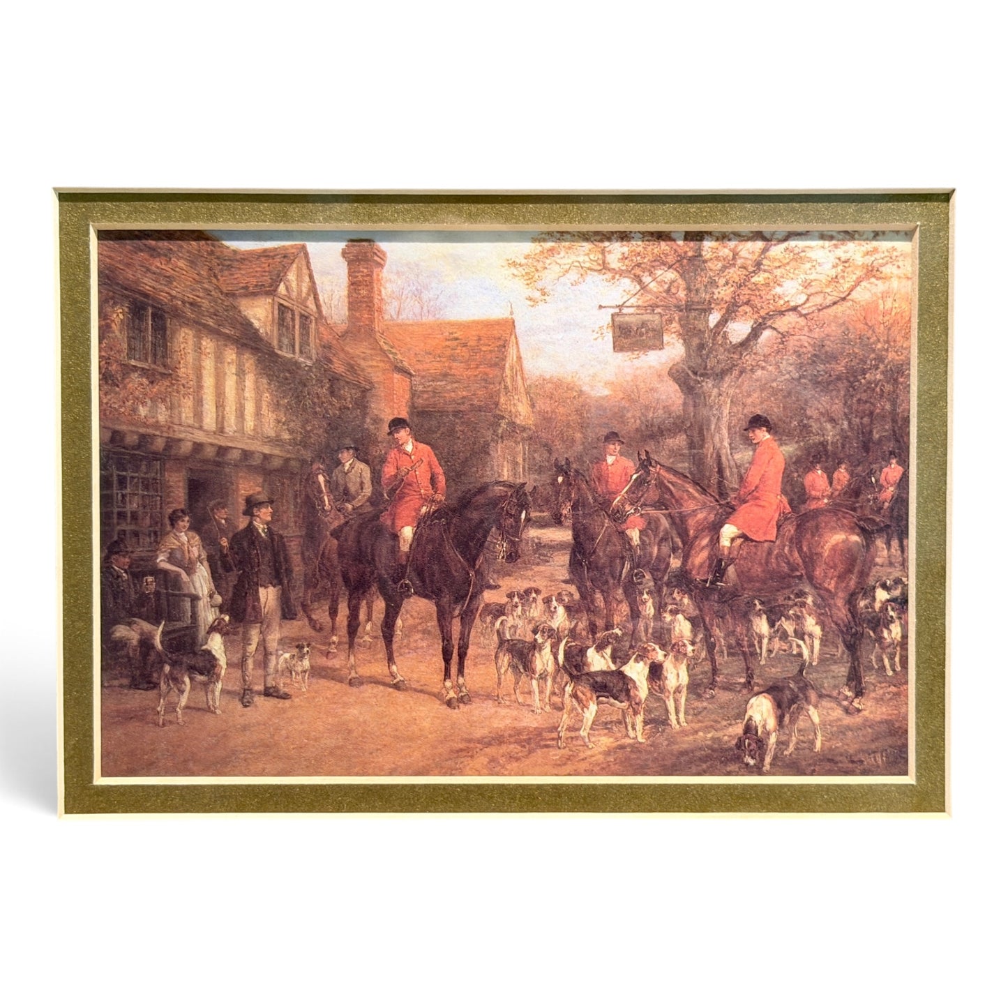 Vintage English Fox Hunt Print in Burled Wood Frame