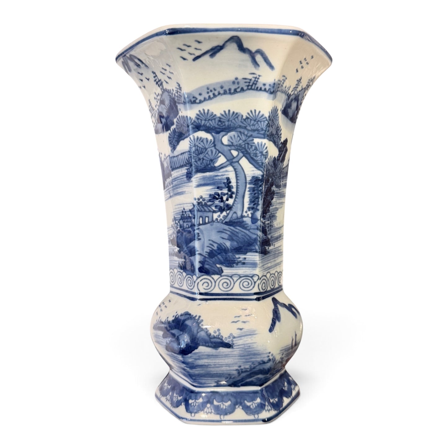 Vintage Mid-Century Chinese Blue & White Porcelain Landscape Gu-Form Chinoiserie Vase