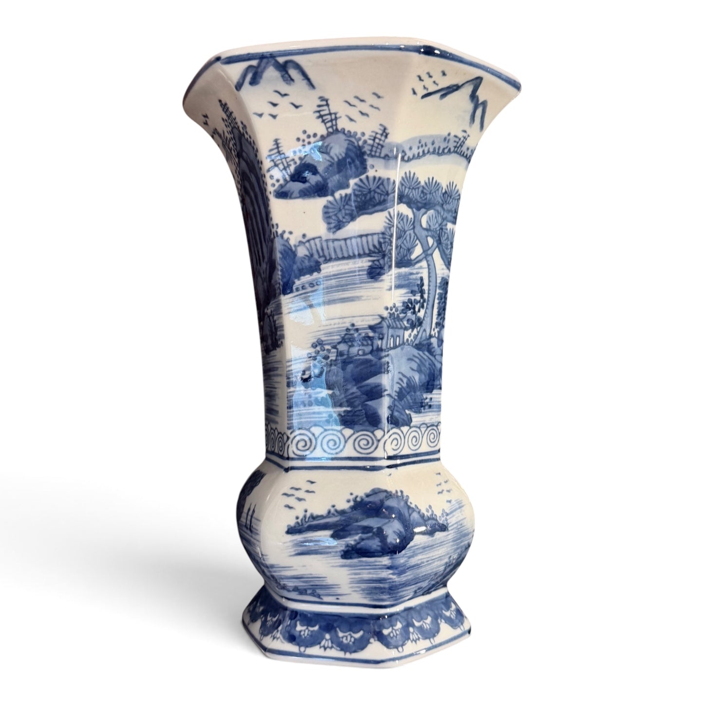 Vintage Mid-Century Chinese Blue & White Porcelain Landscape Gu-Form Chinoiserie Vase