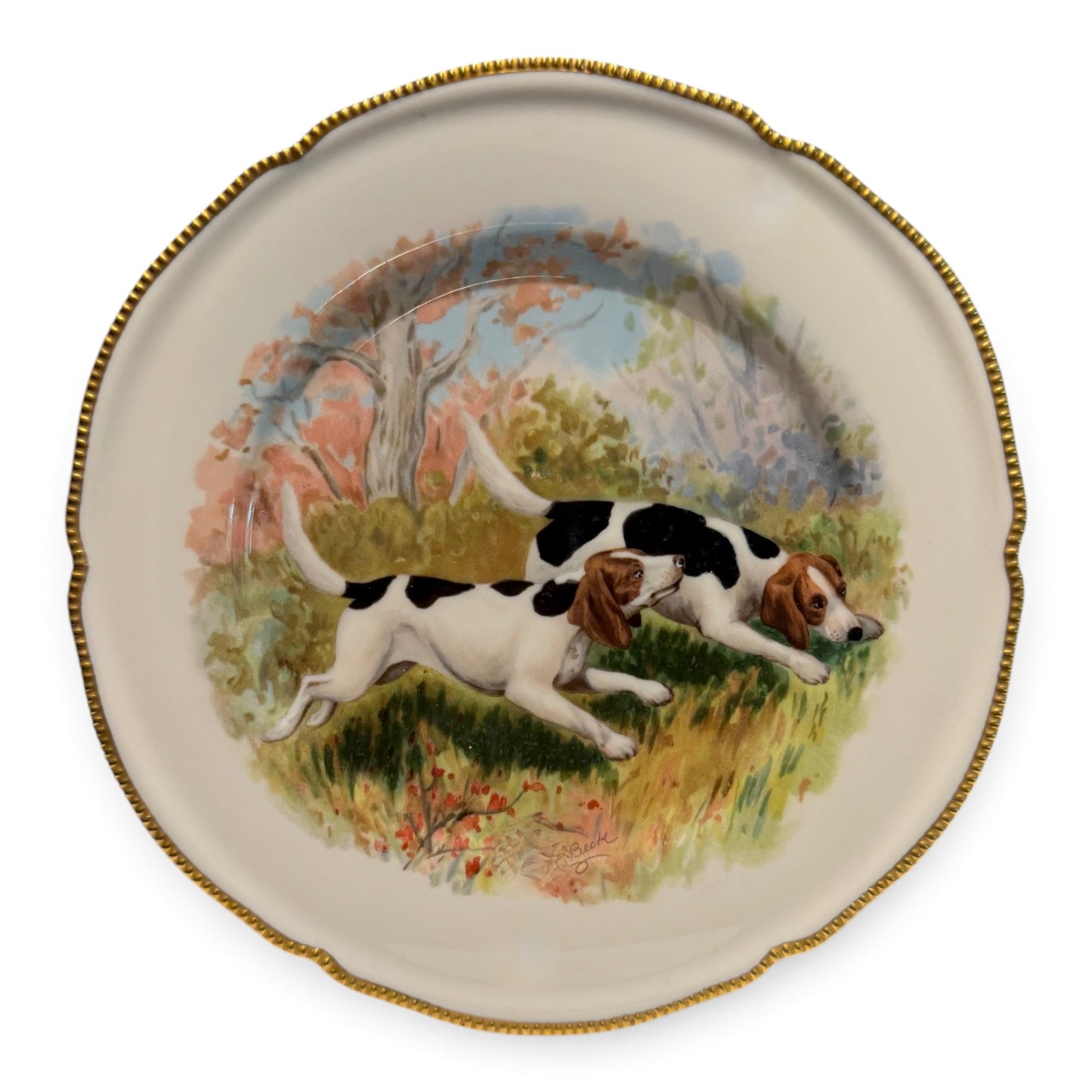 Antique Hand-Painted Sporting Hound Plate After R. K. Beck, c. 1930s–1940s
