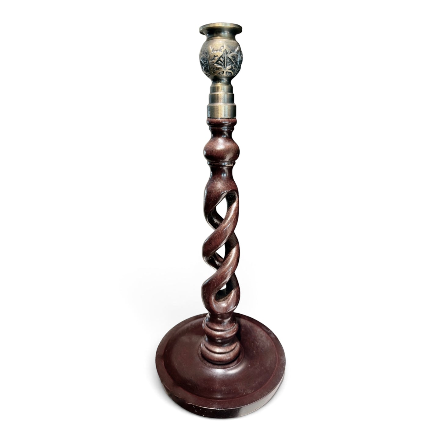 Antique English Oak Open Barley Twist Candlestick with Brass Thistle Top