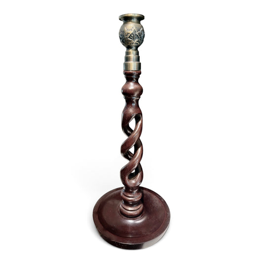 Antique English Oak Open Barley Twist Candlestick with Brass Thistle Top