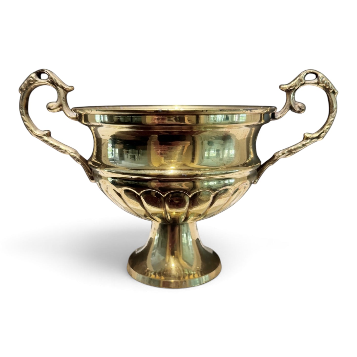 Vintage Brass Trophy Pedestal Bowl with Ornate Scroll Handles