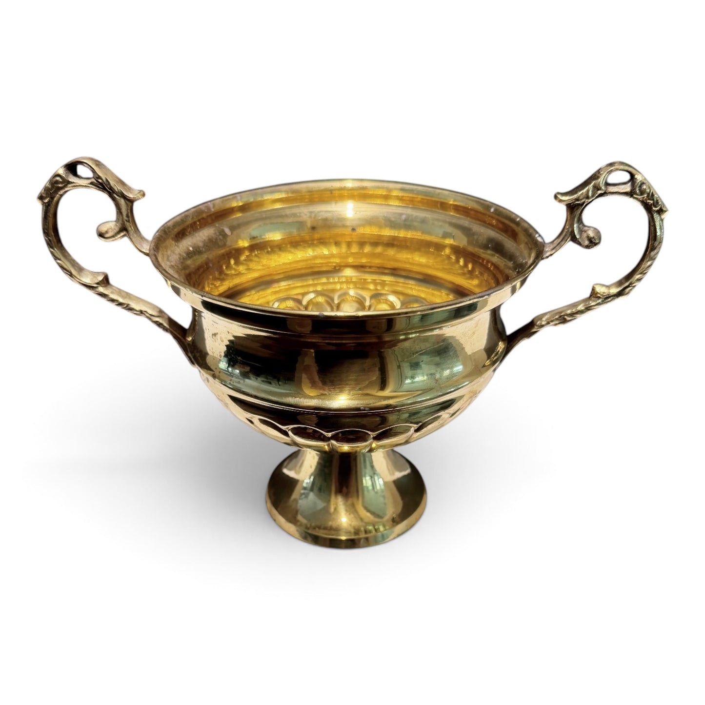 Vintage Brass Trophy Pedestal Bowl with Ornate Scroll Handles