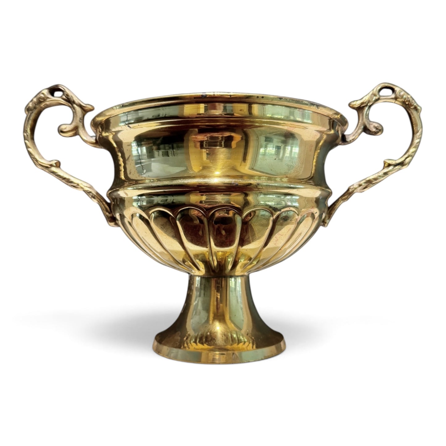 Vintage Brass Trophy Pedestal Bowl with Ornate Scroll Handles