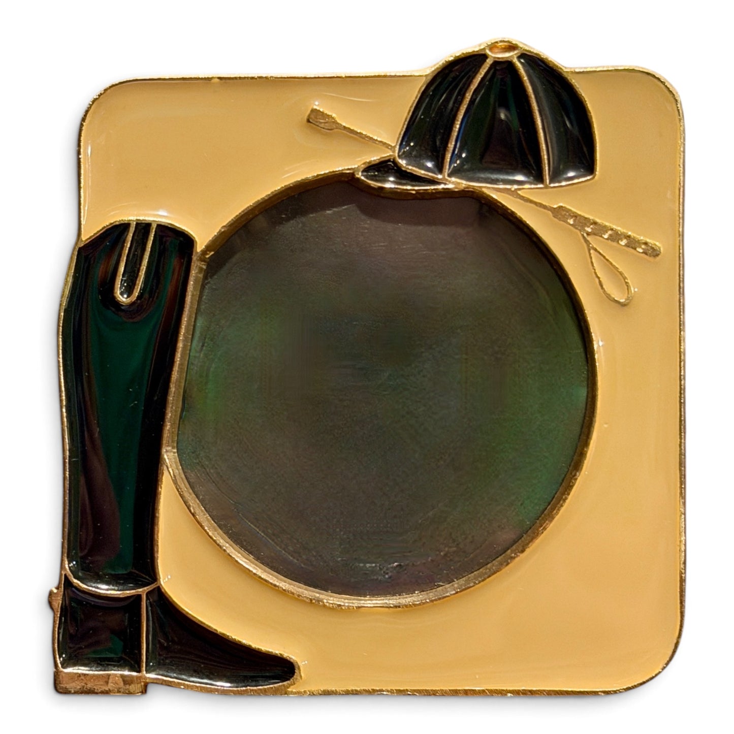 Vintage Equestrian Enamel Metal Picture Frame with Riding Boot & Hunt Cap