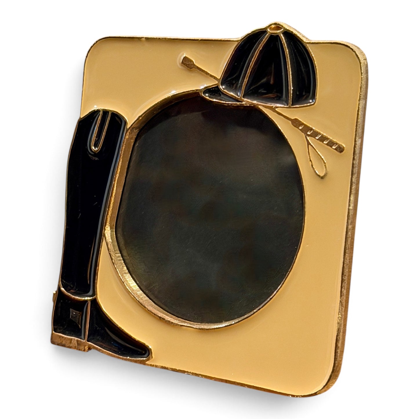 Vintage Equestrian Enamel Metal Picture Frame with Riding Boot & Hunt Cap