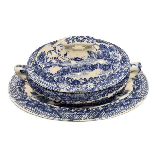 Antique Japanese Blue Willow Porcelain Covered Salt Cellar with Matching Tray