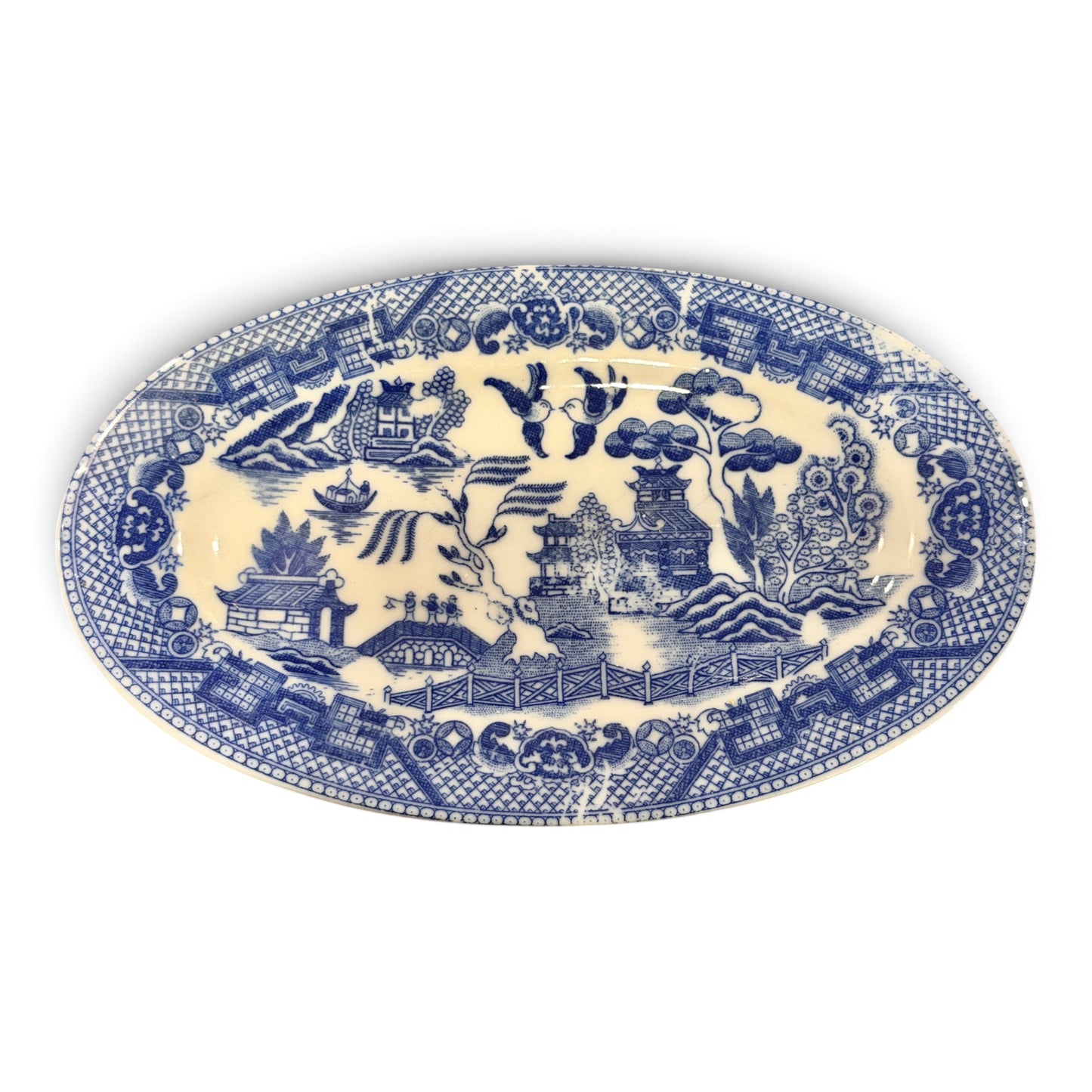 Antique Japanese Blue Willow Porcelain Covered Salt Cellar with Matching Tray