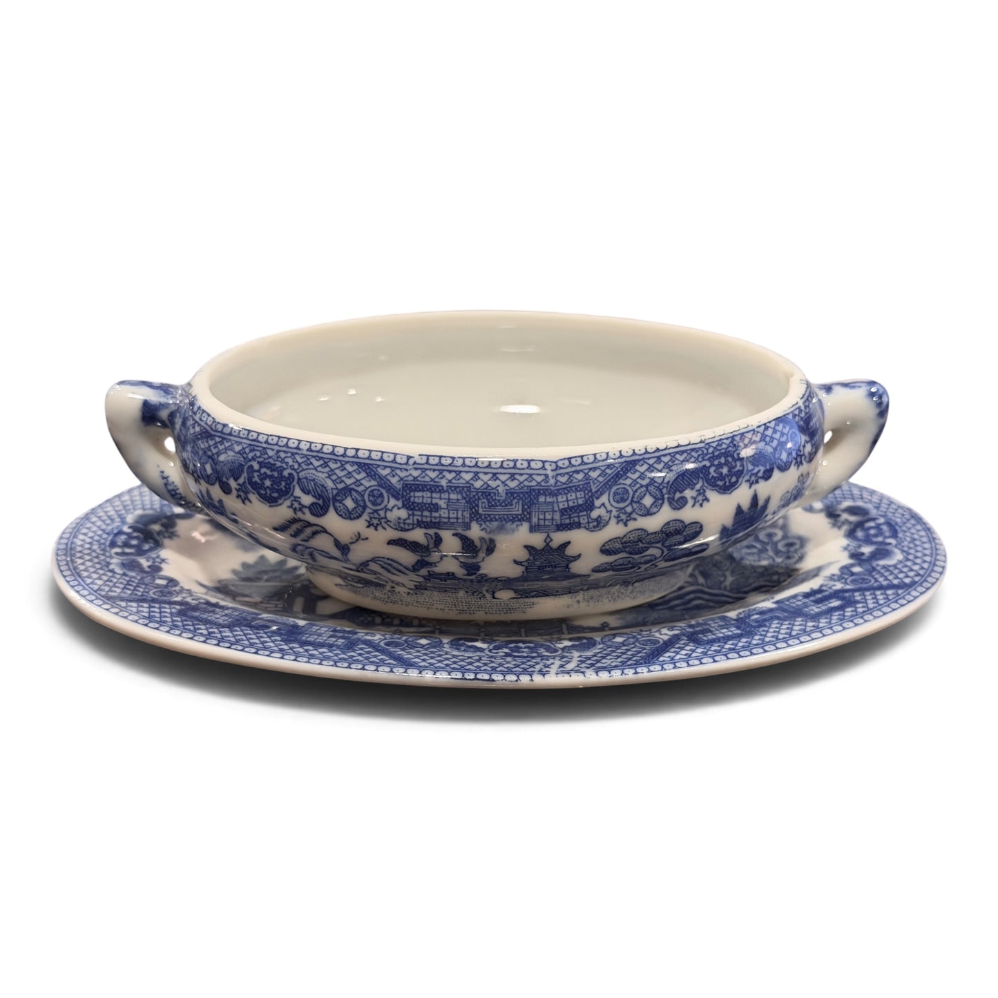 Antique Japanese Blue Willow Porcelain Covered Salt Cellar with Matching Tray
