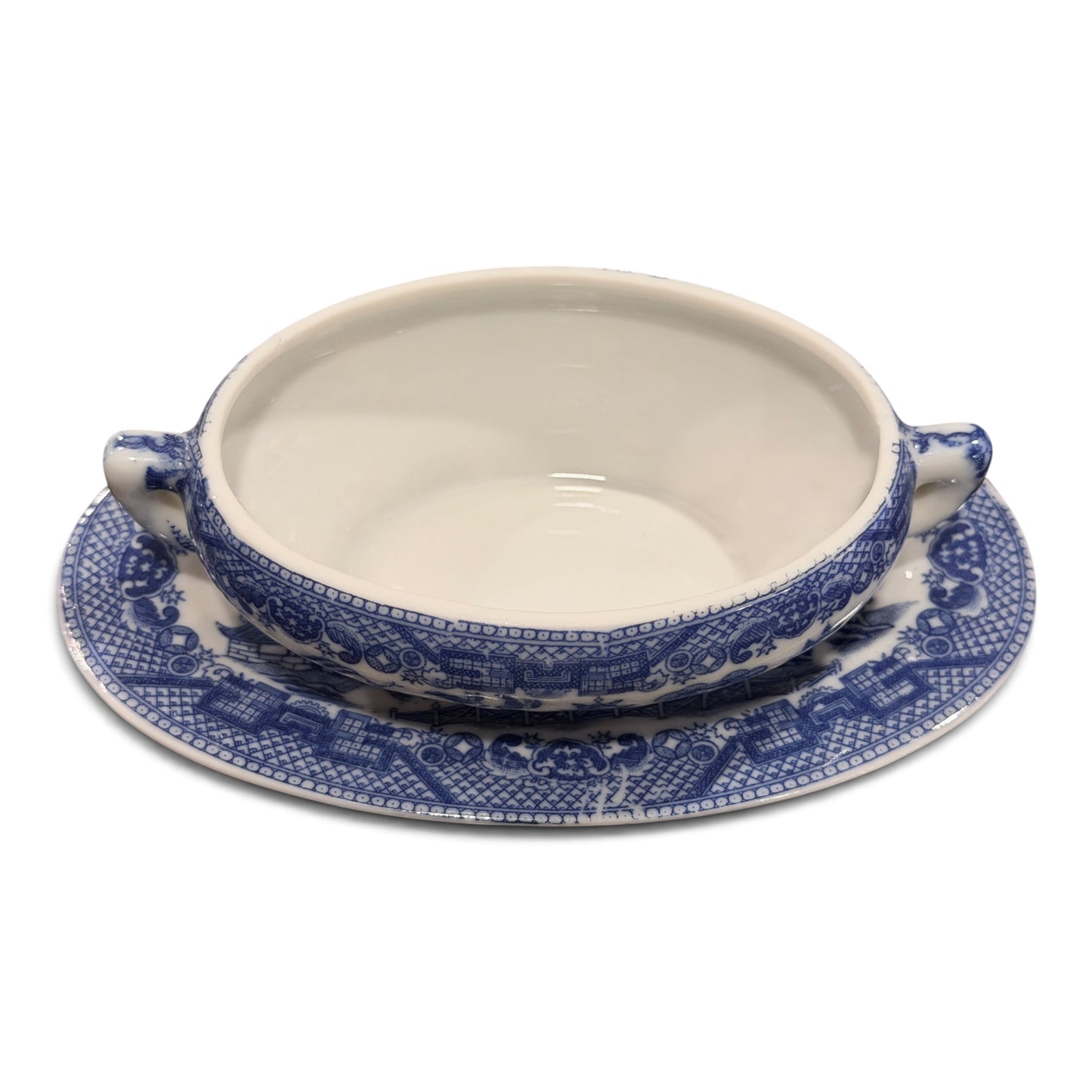 Antique Japanese Blue Willow Porcelain Covered Salt Cellar with Matching Tray