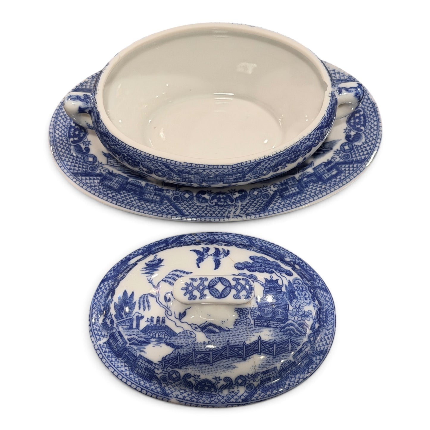 Antique Japanese Blue Willow Porcelain Covered Salt Cellar with Matching Tray