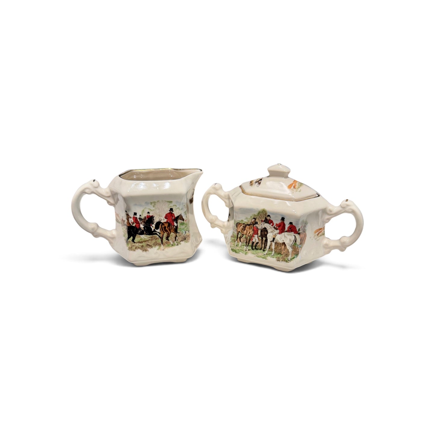 Vintage Crownford English Fox Hunt Porcelain Sugar Bowl & Creamer Set