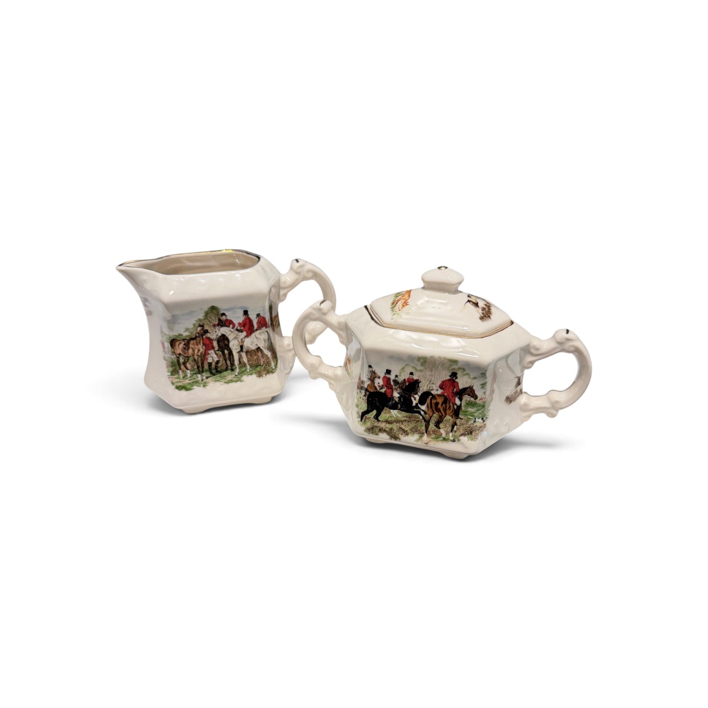 Vintage Crownford English Fox Hunt Porcelain Sugar Bowl & Creamer Set
