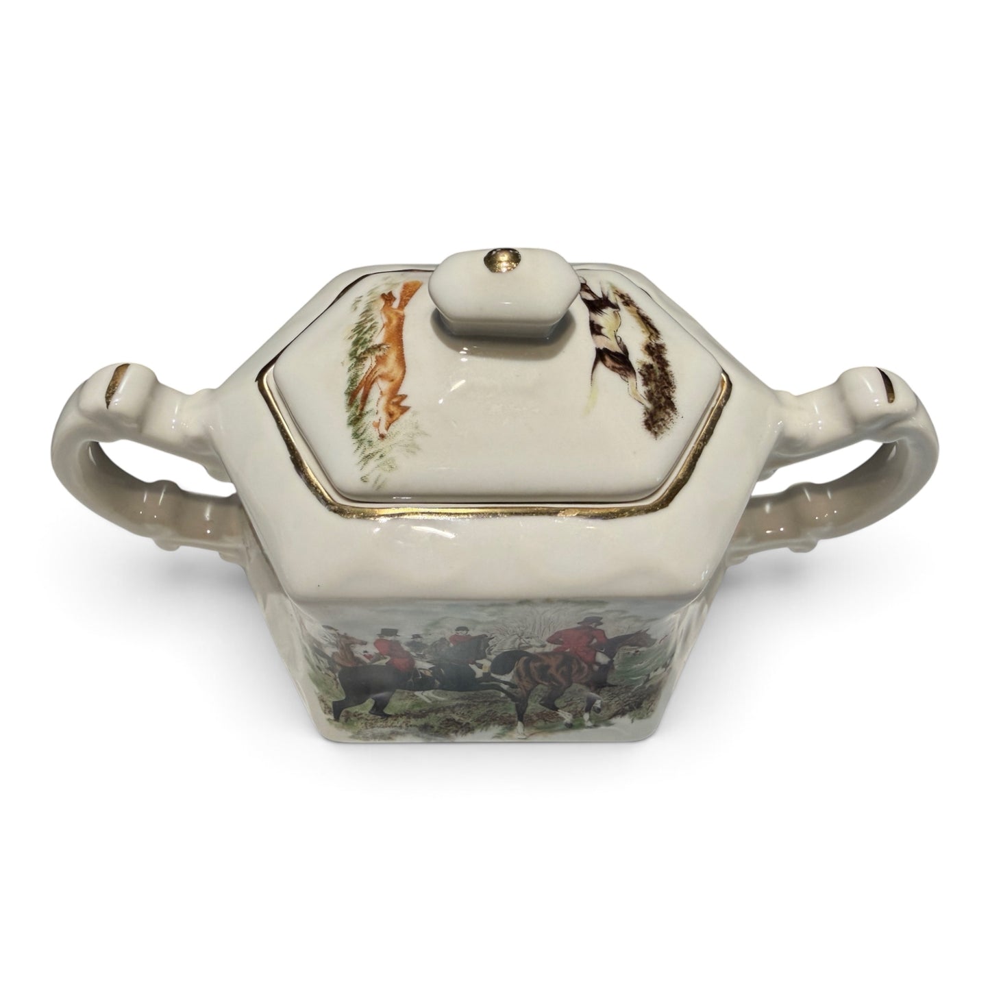 Vintage Crownford English Fox Hunt Porcelain Sugar Bowl & Creamer Set