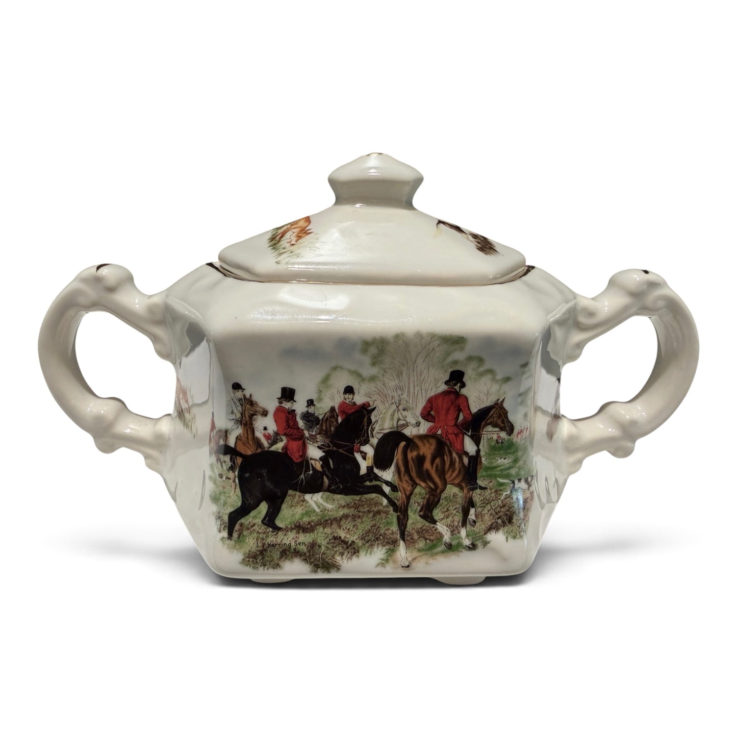Vintage Crownford English Fox Hunt Porcelain Sugar Bowl & Creamer Set
