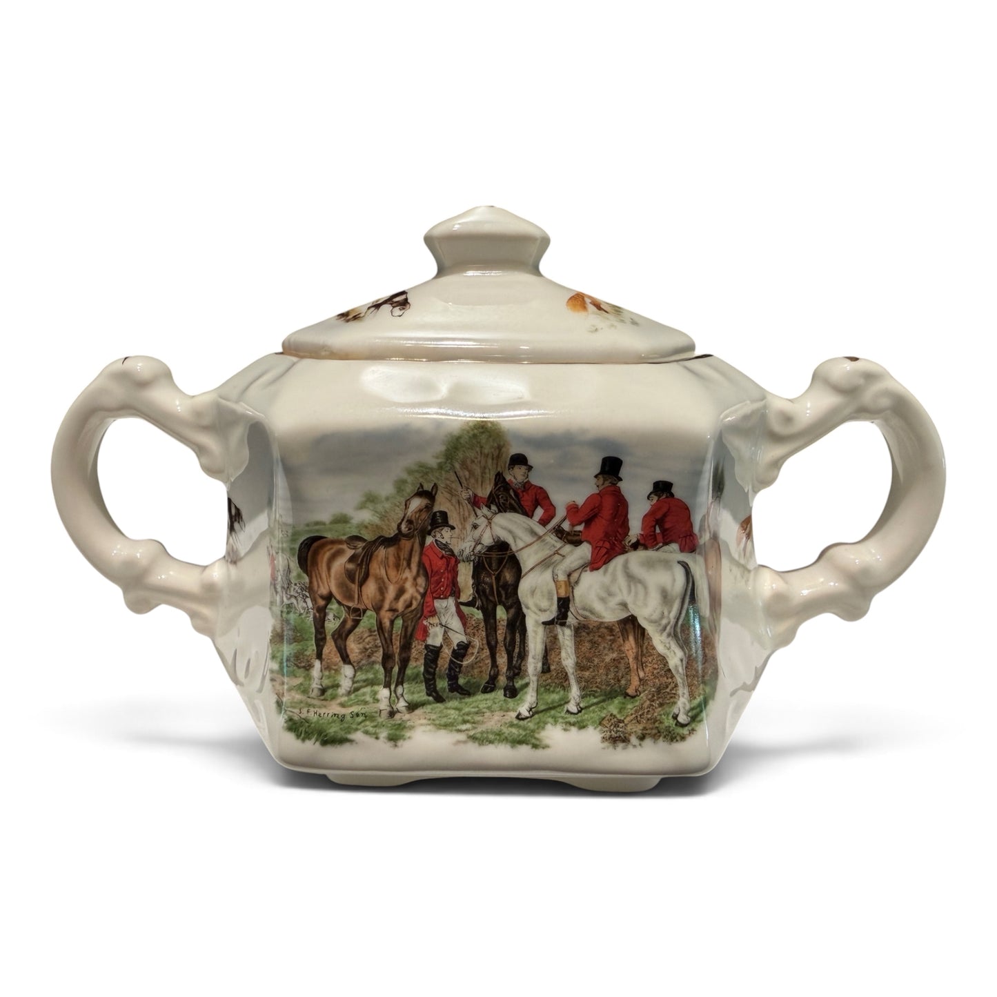 Vintage Crownford English Fox Hunt Porcelain Sugar Bowl & Creamer Set